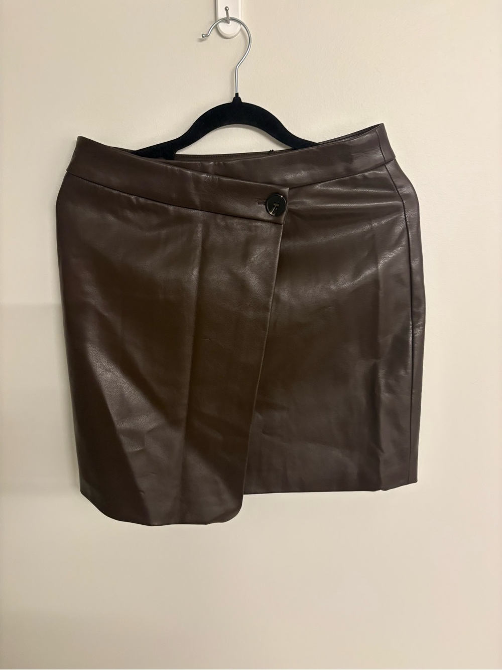 Women’s Brown Faux Leather Mini Wrap Skirt with Button Closure